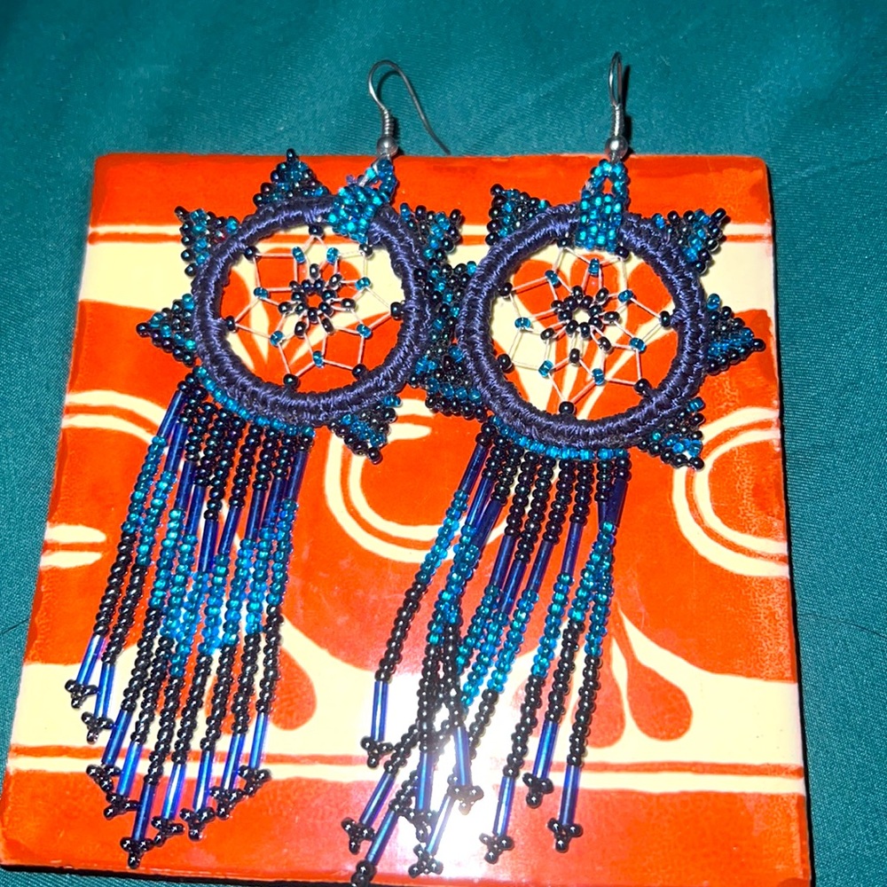 Blue Beaded Dream Catcher Earrings